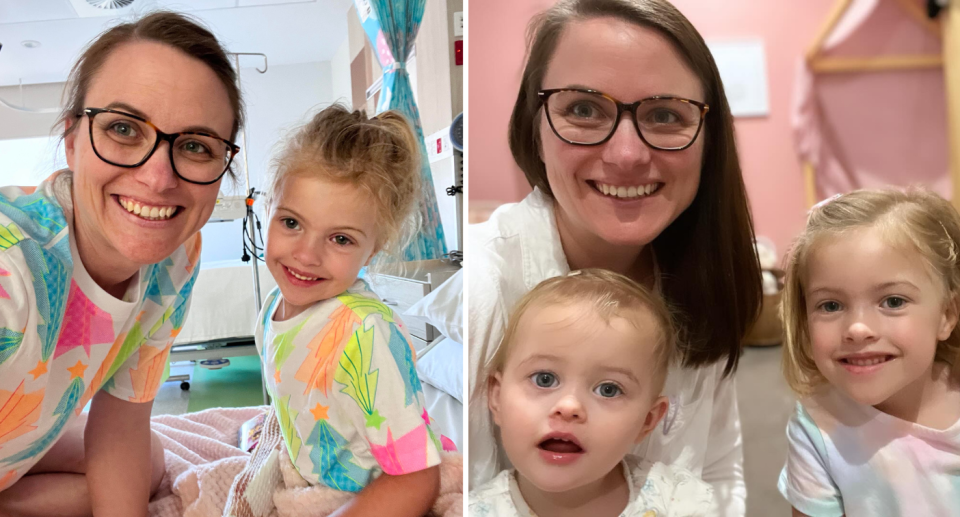 Casey and Abigail in hospital (left) and Casey and her two children (right)