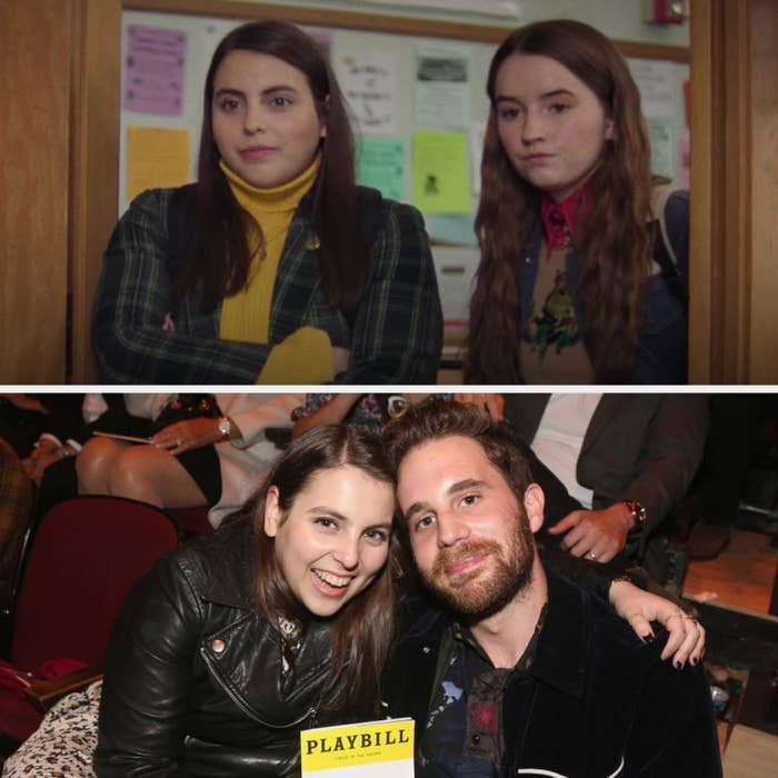 Above, Molly and Amy lean against a door frame, looking to a classroom. Below, Feldstein and Platt pose with a Playbill in a theatre