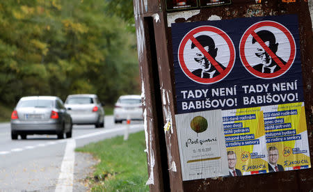 Posters depicting the leader of ANO party Andrej Babis hang on a bus stop near the town of Benesov, Czech Republic October 11, 2017. REUTERS/David W Cerny