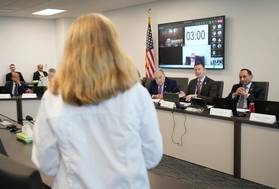 Dr. Ingrid Skop speaks at the Texas Medical Board meeting Friday about medical exceptions to the state's abortion bans.