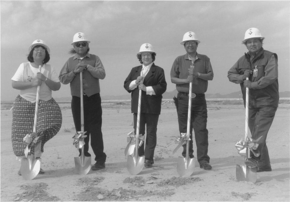 The groundbreaking takes place on May 26, 1994, for the new Harrah's Ak-Chin Casino Hotel in Maricopa. From left: Delia Carlyle, council member, Joseph Smith, council member, Leona Kakar, vice chairman, Martin Antone Sr., chairman, and Terry Enos, council member.