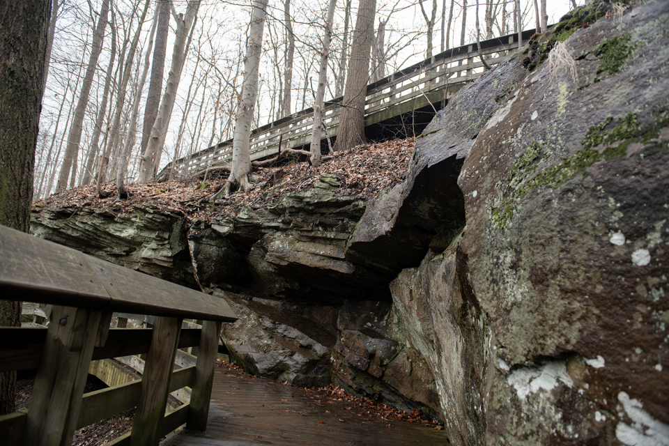 A boardwalk trail brings visitors a more accessible view of Brandywine Falls in the Cuyahoga Valley National Park.