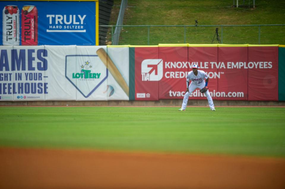 Smokies Center Fielder Alexander Canario (24) gets ready for the at bat during a game against the Rocket City Trash Pandas at Smokies Stadium in Kodak, Tennessee on Tuesday, June 28, 2022.
