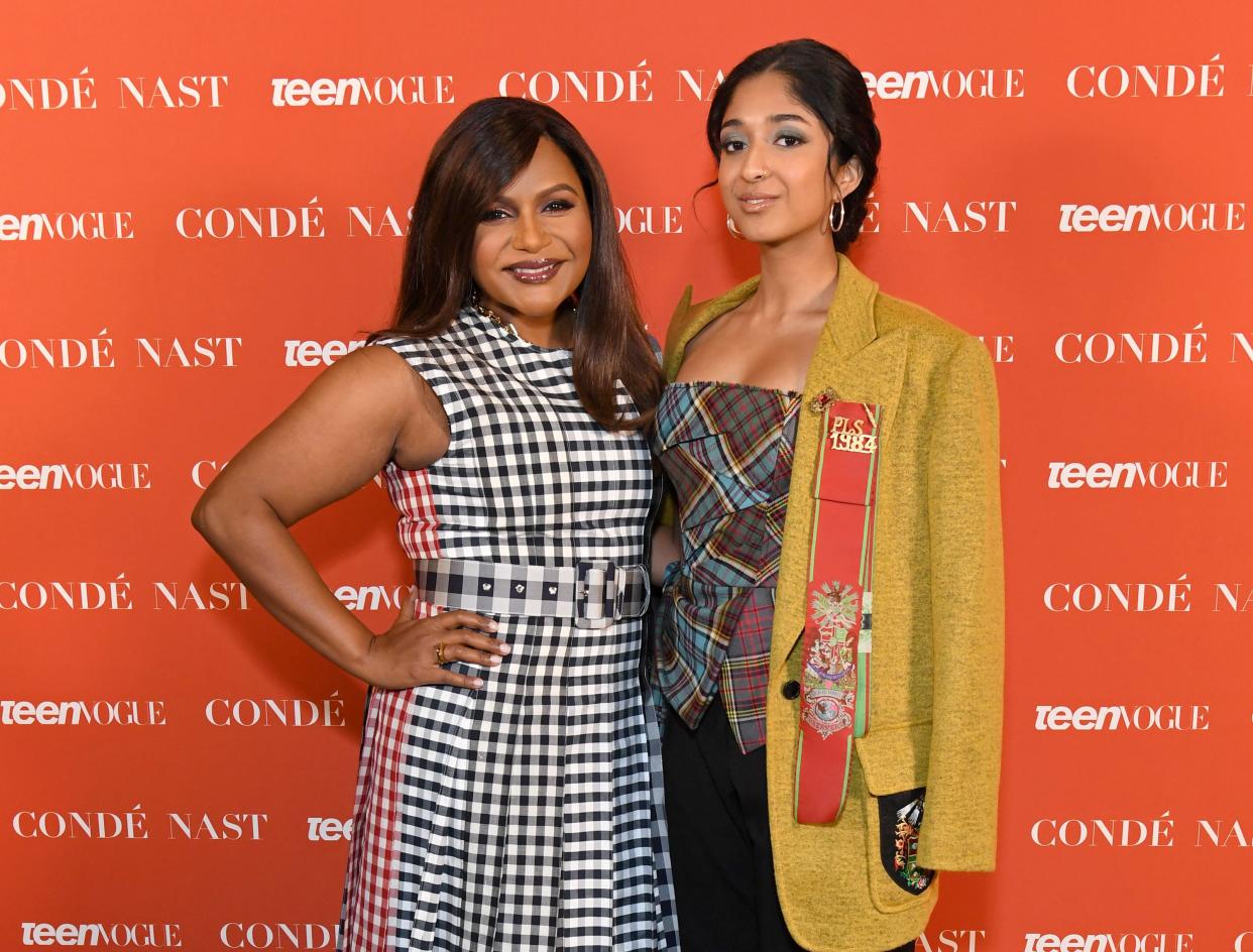 Mindy Kaling (left) and Maitreyi Ramakrishnan showed up at a South Asian event in Los Angeles wearing shades of blue. (Photo by Jon Kopaloff/Getty Images for Teen Vogue)