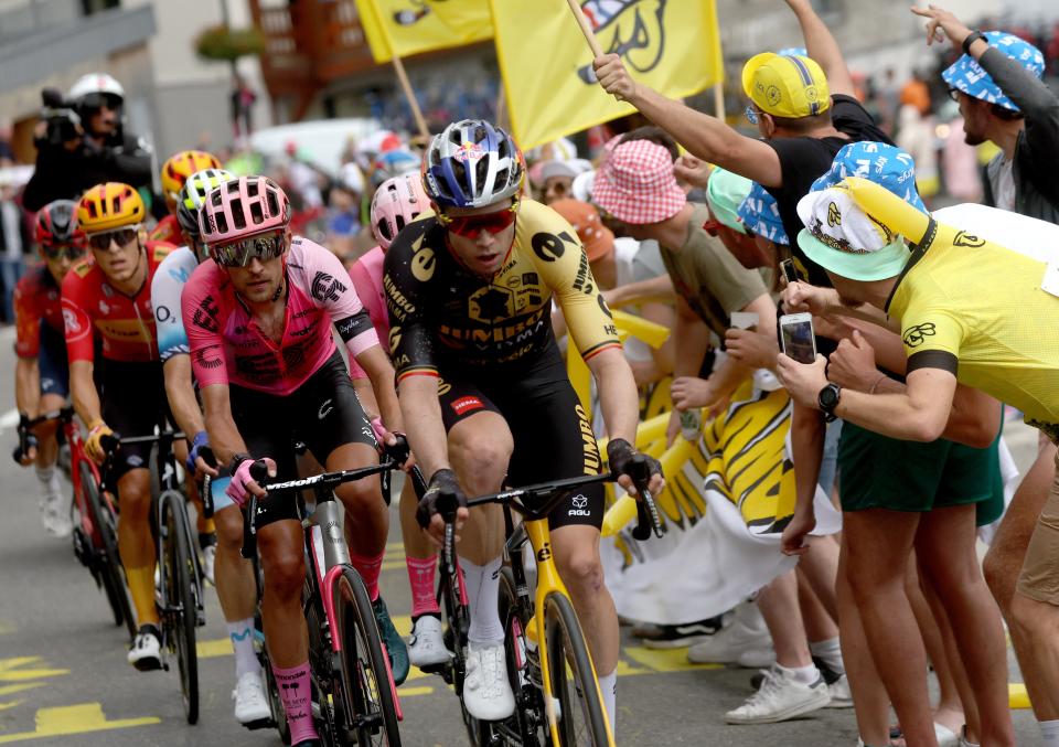 Wout van Aert leads the breakaway up the Col du Tourmalet (EPA)