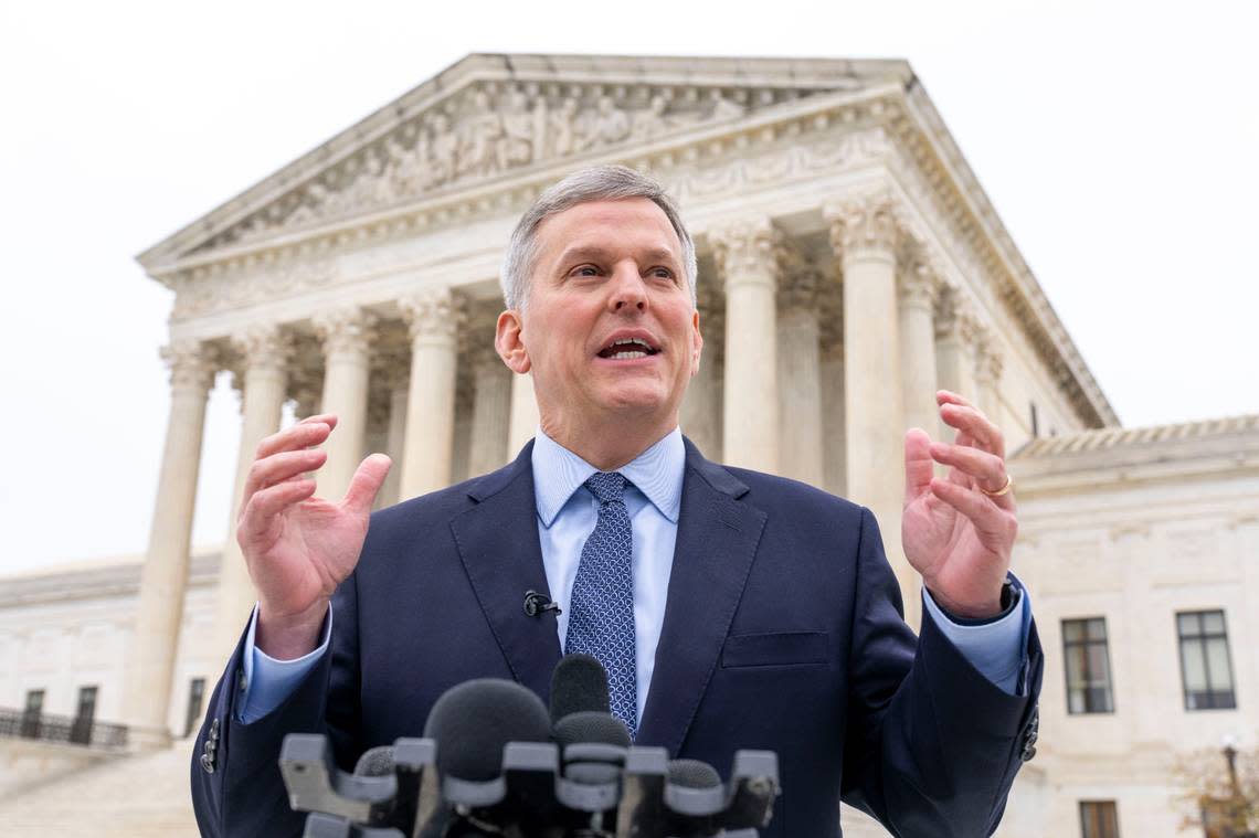 North Carolina Attorney General Josh Stein speaks in front of the Supreme Court in Washington, Wednesday, Dec. 7, 2022, as the Court heard arguments on a new elections case that could dramatically alter voting in 2024 and beyond. The case is from highly competitive North Carolina, where Republican efforts to draw congressional districts heavily in their favor were blocked by a Democratic majority on the state Supreme Court. (AP Photo/Andrew Harnik)