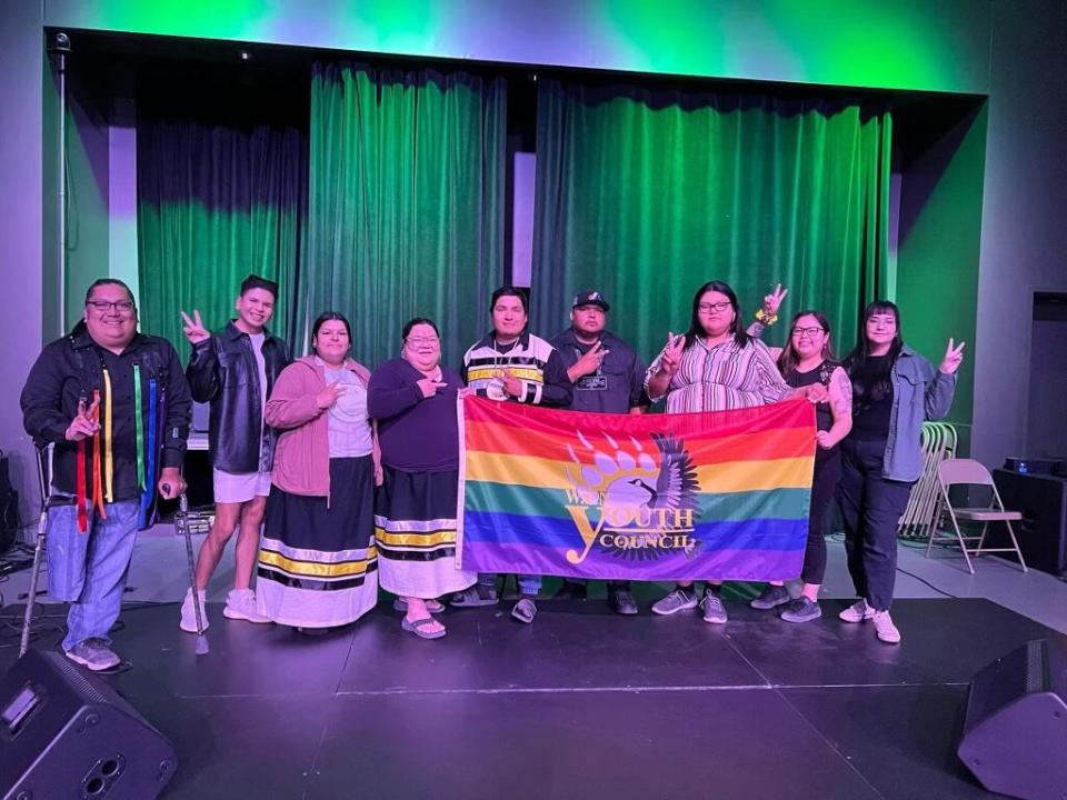 Second to far right, Geraldine Shecapio attended Pride Week in Whapmagoostui, Que. Scott Wabano and Jomarie Einish were also present. All three are co-founders of Two-Spirits of Eeyou Istchee, a non-profit organization dedicated to helping and LGBT peers and families. 