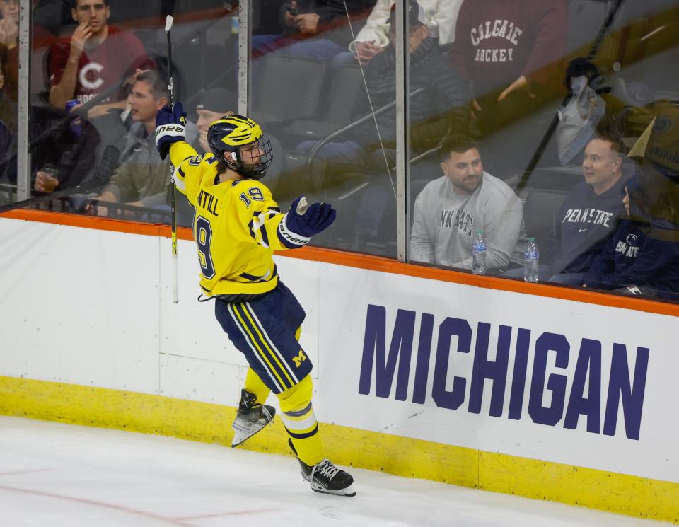 Michigan's Adam Fantilli celebrates scoring a goal against Colgate during a men's NCAA tournament first-round game at the PPL Center in Allentown, Pennsylvania, on Friday, March 24, 2023.
