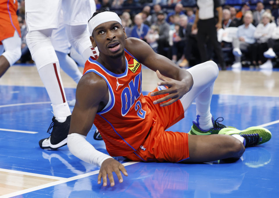 Nov 8, 2023; Oklahoma City, Oklahoma, USA; Oklahoma City Thunder guard Shai Gilgeous-Alexander (2) looks to the official after a play against the Cleveland Cavaliers during the second half at Paycom Center. Oklahoma City won 128-120. Mandatory Credit: Alonzo Adams-USA TODAY Sports