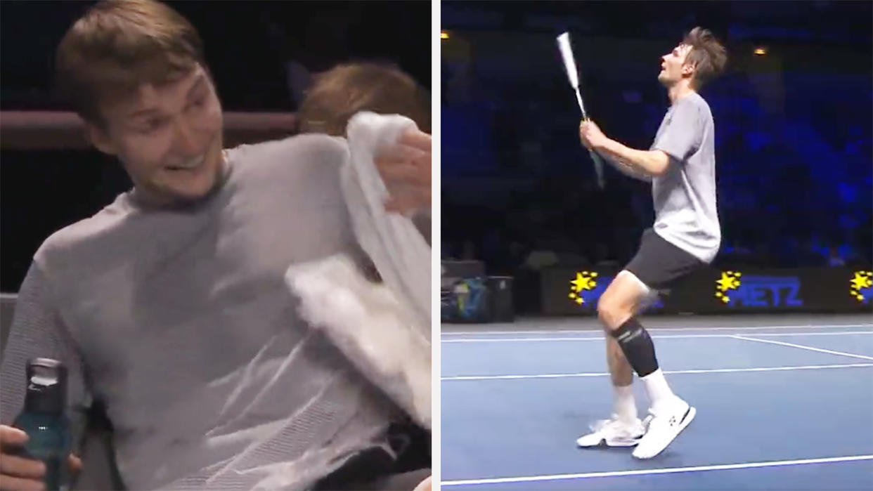 Alexander Bublik (left) reacts after his ill-timed attempt to hit a trick shot with the handle of his racquet (right).