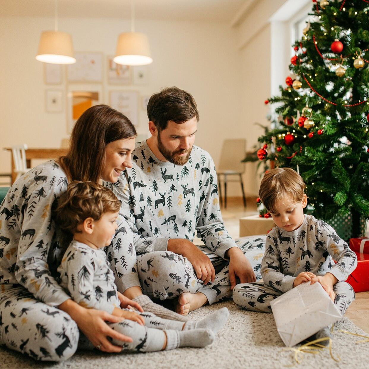 Family wearing holiday pajamas
