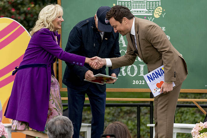 President Joe Biden and First Lady Jill Biden welcome Jimmy Fallon at the White House Easter Egg Roll on April 18, 2022. - Credit: AP