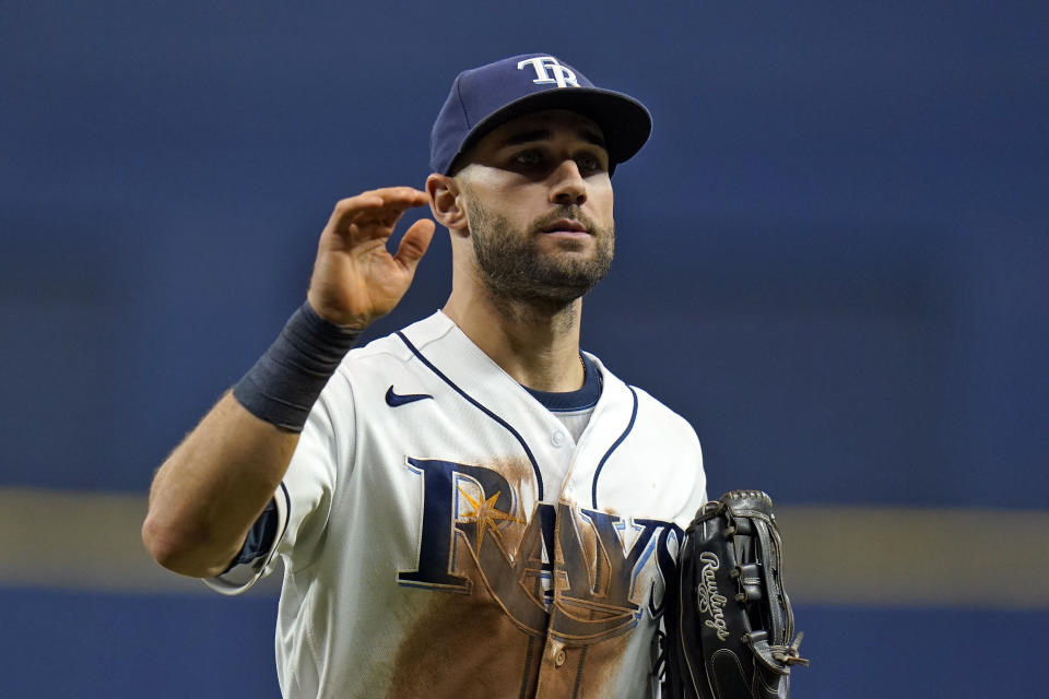 Tampa Bay Rays center fielder Kevin Kiermaier reacts after the Rays defeated the Toronto Blue Jays during a baseball game Monday, Sept. 20, 2021, in St. Petersburg, Fla. (AP Photo/Chris O'Meara)