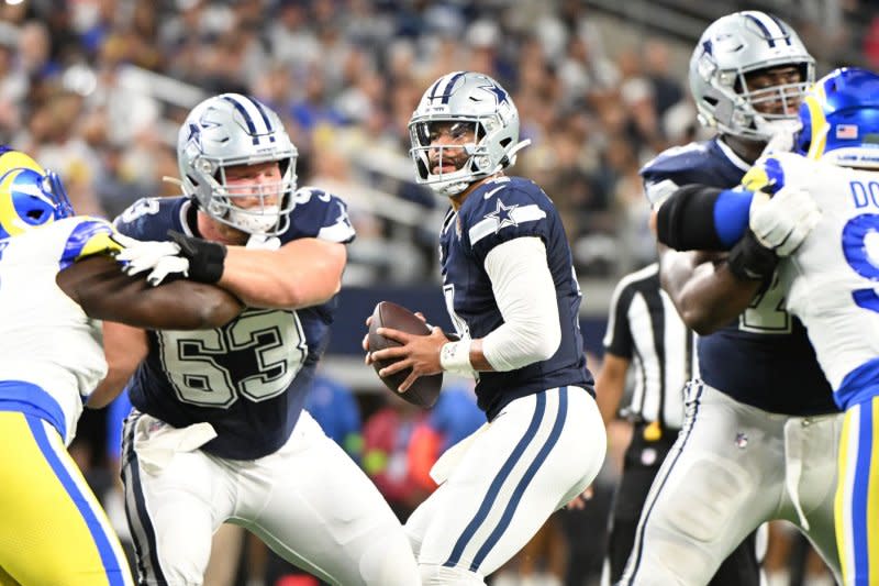 Dallas Cowboys quarterback Dak Prescott looks to throw against the Los Angeles Rams on Sunday at AT&T Stadium in Arlington, Texas. Photo by Ian Halperin/UPI