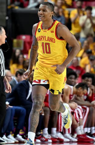<p>G Fiume/Getty</p> Julian Reese celebrates during the game against the Indiana Hoosiers at Xfinity Center on March 03, 2024 in College Park, Maryland.