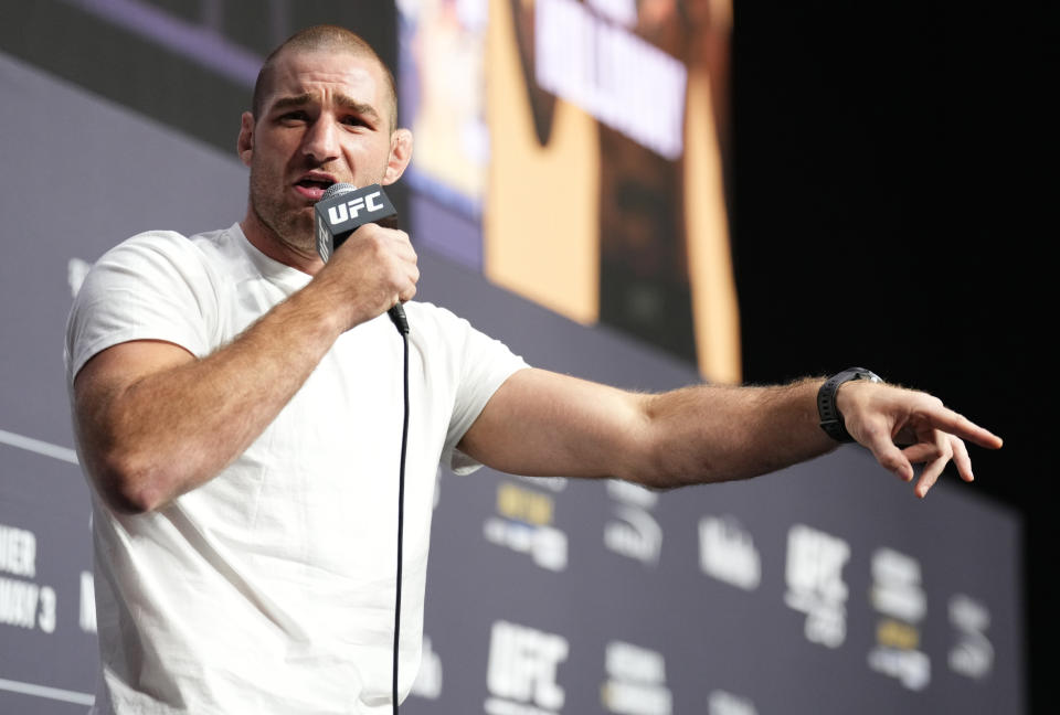 Sean Strickland is seen on stage during the UFC 276 news conference at T-Mobile Arena on June 30, 2022 in Las Vegas, Nevada. (Chris Unger/Zuffa LLC)