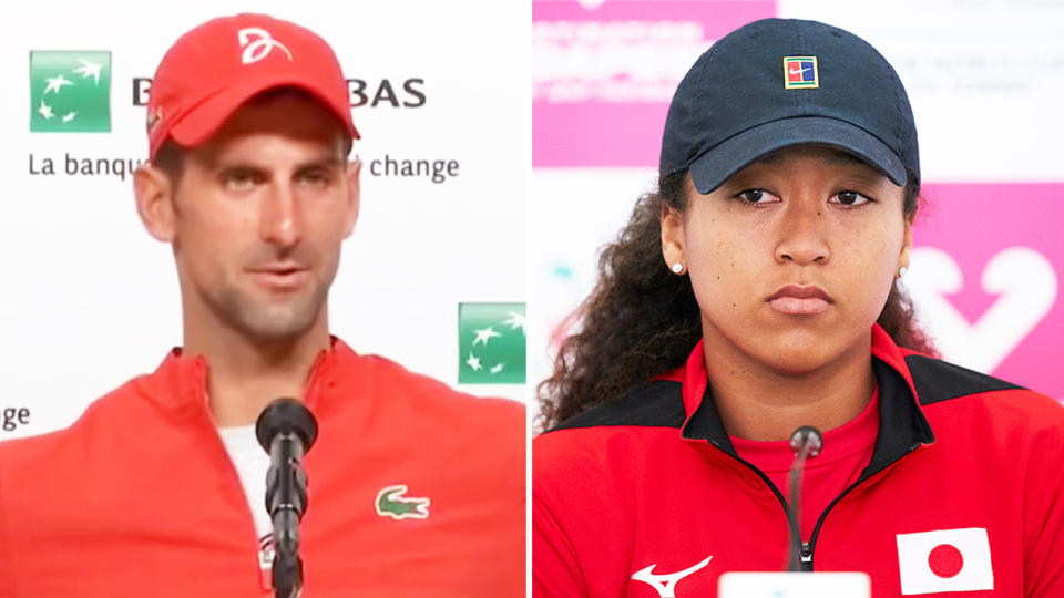 Novak Djokovic (pictured left) during his French Open press conference and Naomi Osaka (pictured right) during a press conference.