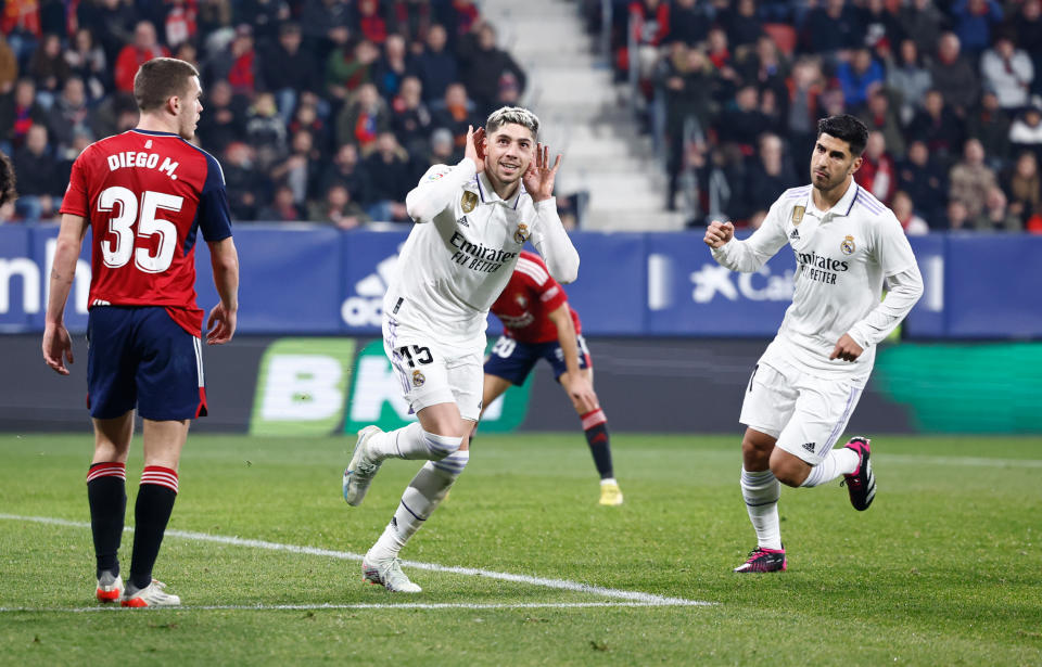 PAMPLONA, SPAIN - FEBRUARY 18: Federico Valverde player of Real Madrid scores a goal during the LaLiga Santander match between CA Osasuna and Real Madrid CF at El Sadar Stadium on February 18, 2023 in Pamplona, Spain. (Photo by Helios de la Rubia/Real Madrid via Getty Images)