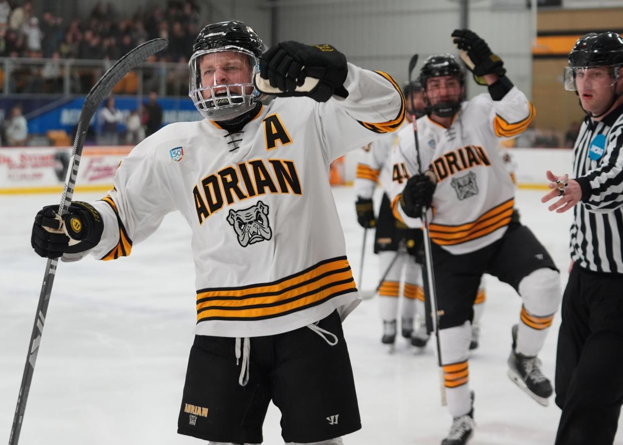 Adrian College's Jaden Shields celebrates a goal during Saturday's NCAA Division III tournament game against Wisconsin-Stevens Point.