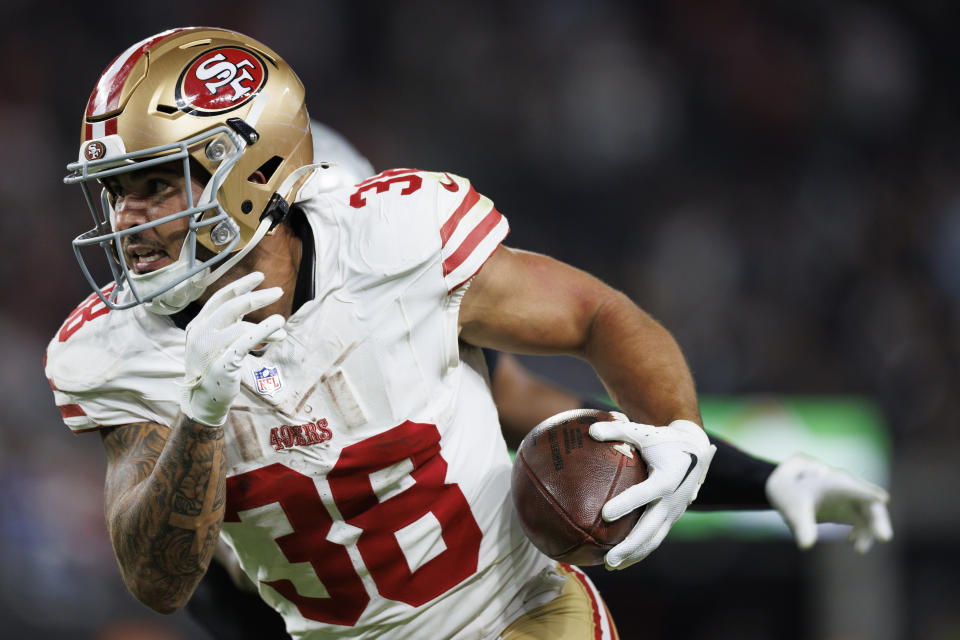 LAS VEGAS, NV - AUGUST 23: Running back Cody Schrader #38 of the San Francisco 49ers runs with the ball down the field during the final play during the fourth quarter of an NFL preseason game against the Las Vegas Raiders at Allegiant Stadium on August 23, 2024 in Las Vegas, Nevada. (Photo by Brooke Sutton/Getty Images)