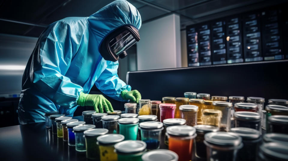 A technician in a protective suit testing a variety of different lubricants and filters.