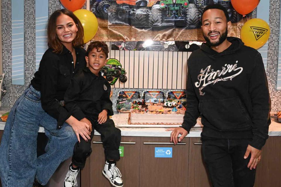 <p>Jon Kopaloff/Getty</p> Chrissy Teigen, John Legend and son Miles