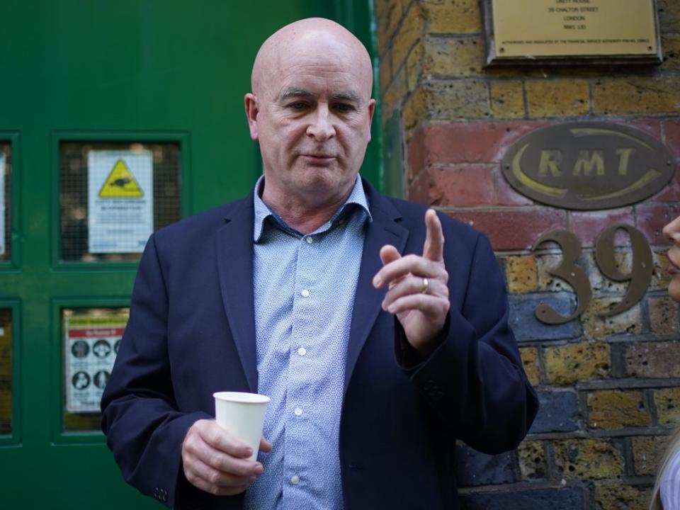 Mick Lynch, general-secretary of the Rail, Maritime and Transport union giving a statement on the national rail dispute on Monday afternoon (Yui Mok/PA) (PA Wire)