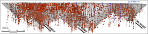 Long Section of the Berry Deposit (View NW) incorporating all drilling up to and including VL-22-1284, representing 121,013 metres, and assays above 0.3 g/t Au. New drill holes reported today are illustrated in blue.