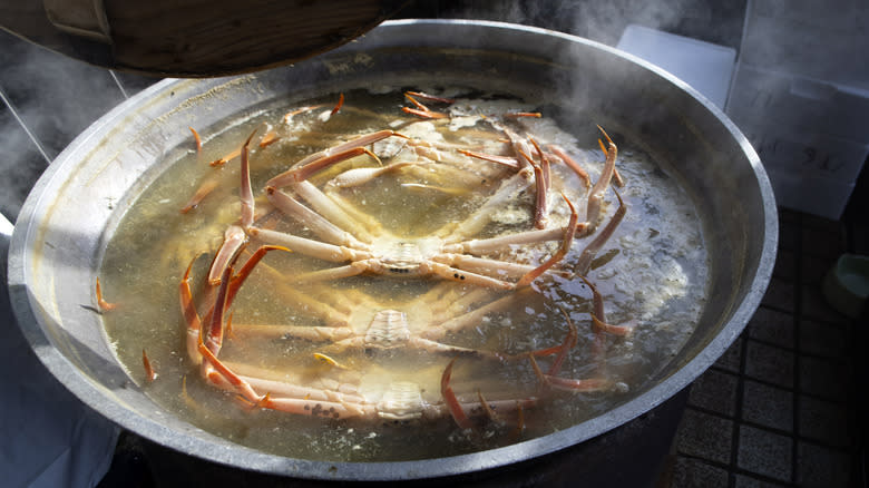 snow crabs boiling in pot