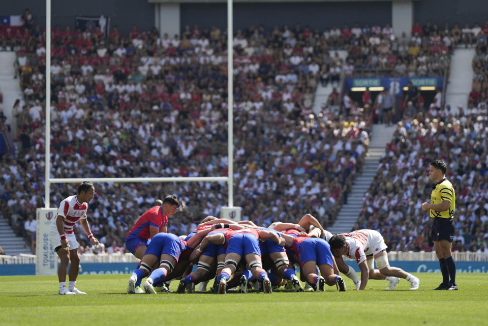 Chile's Marcelo Torrealba feeds a scrum during the Rugby World Cup Pool D match between Japan and Chile at Stadium de Toulouse, Toulouse, France, Sunday, Sept. 10, 2023. (AP Photo/Lewis Joly)