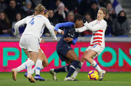 Soccer Football - Women's International Friendly - France v United States - Stade Oceane, Le Havre, France - January 19, 2019 France's Kadidiatou Diani in action with Morgan Brian of U.S. REUTERS/Pascal Rossignol