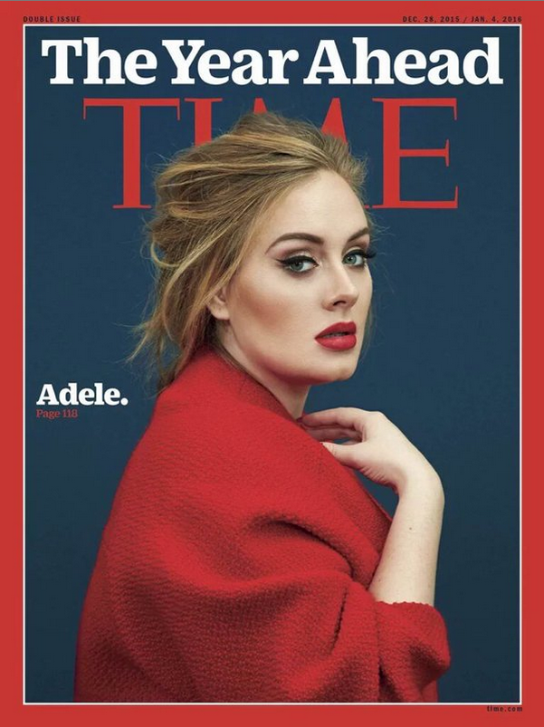 Adele on the cover of “TIME” magazine wearing a red coat and rocking fierce makeup. 