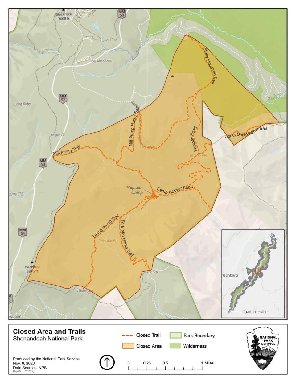 Shenandoah National Park has closed the Rapidan Camp area near the eastern boundary in the central section of the park (see map) due to a wildfire.