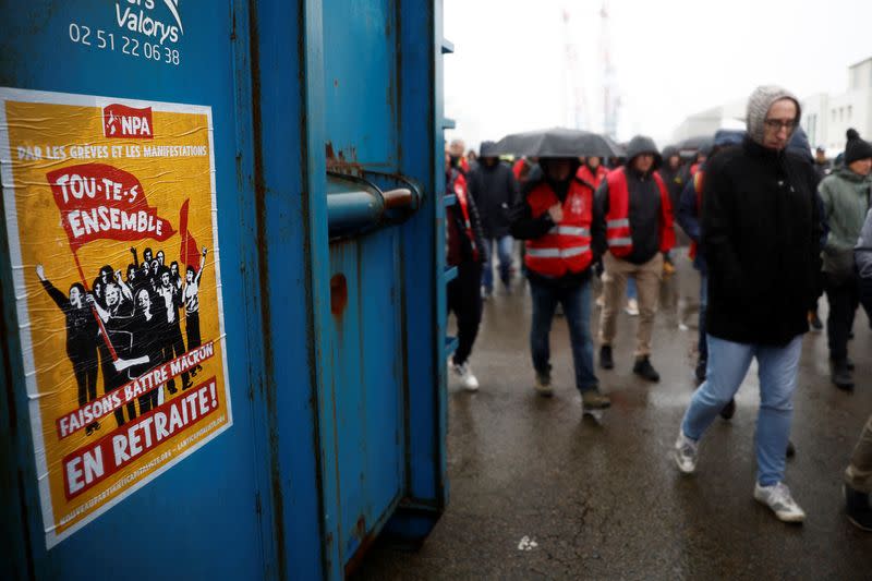 French energy workers on strike gather with dockers in the port of Saint-Nazaire