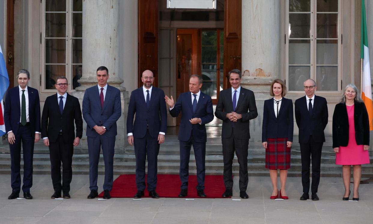 <span>Simon Harris (L) and Pedro Sánchez (3rd left) among other EU leaders meet in Warsaw, Poland, on 11 April.</span><span>Photograph: Kacper Pempel/Reuters</span>