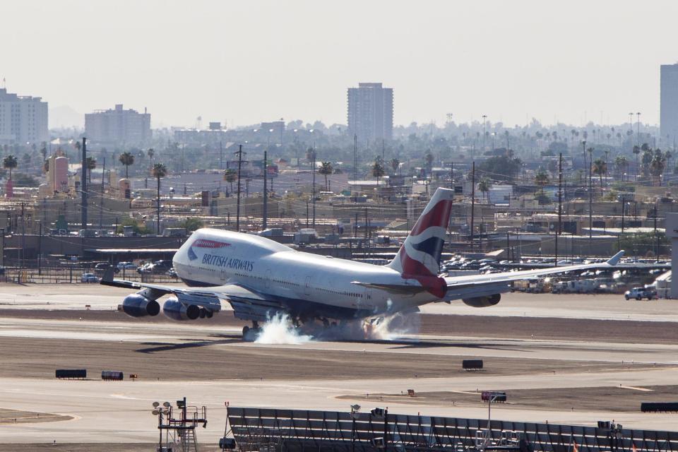 A British Airways 747-400 lands on June 28, 2016, at Sky Harbor International Airport in Phoenix.