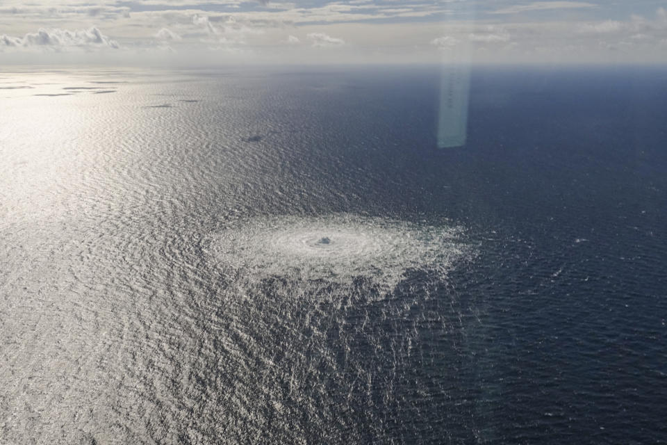 A large disturbance in the sea can be observed off the coast of the Danish island of Bornholm Tuesday, Sept. 27, 2022 following a series of unusual leaks on two natural gas pipelines running from Russia under the Baltic Sea to Germany have triggered concerns about possible sabotage. Danish Prime Minister Mette Frederiksen says she “cannot rule out” sabotage after three leaks were detected on Nord Stream 1 and 2. (Danish Defence Command via AP)