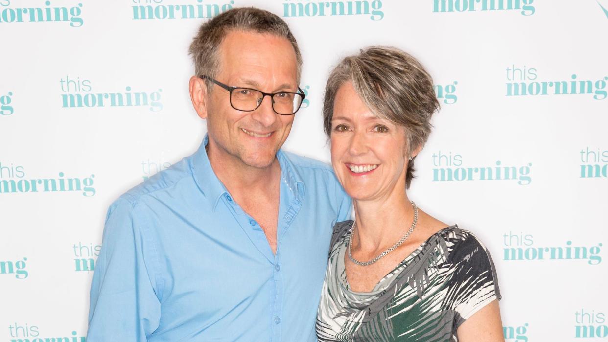 Michael Mosley with wife Clare Bailey Mosley while on the set of the This Morning TV show in 2019.