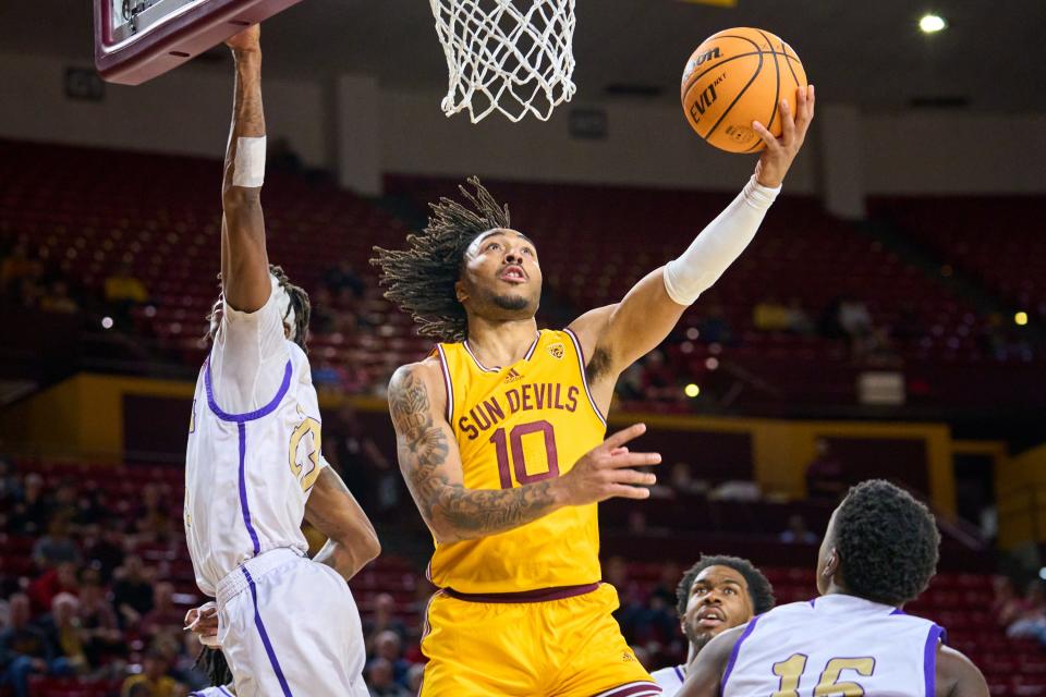 Arizona State Sun Devils sophomore guard Frankie Collins (10) makes a shot against the Alcorn State Braves at Desert Financial Arena in Tempe on Sunday, Nov. 27, 2022.