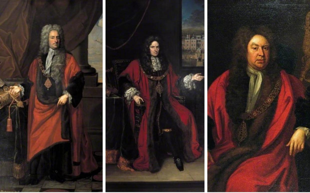 The portraits of Sir James Bateman (L), Sir Robert Clayton (C) Sir Gilbert Heathcote (R) have quietly been removed from public view - Bank of England