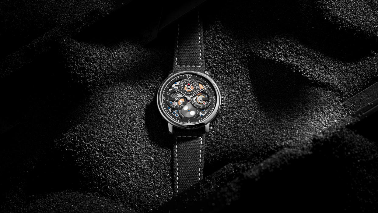 The Frederique Constant Slimline Perpetual Calendar on a black background. 