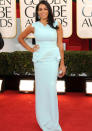 Celebrities in pastel fashion: Rosario Dawson wowed in this pastel Antonio Beradi gown at the Golden Globes.<br><br>© Rex