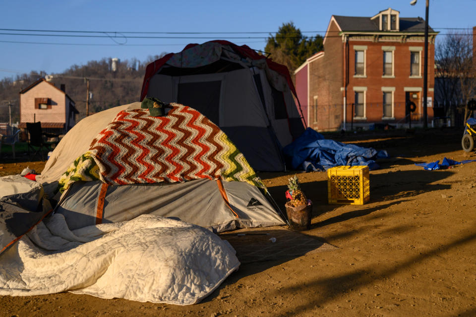 A tent encampment erected during the pandemic to move some of the most vulnerable of the unhoused population closer to a shower and handwashing station set up by House of Hagar after many agencies stopped offering services.<span class="copyright">Rebecca Kiger</span>