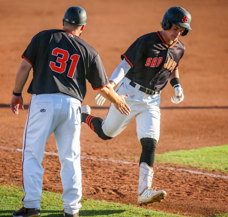 Quinn McDaniel rounds third base after hitting one of his six homers for the San Jose Giants last summer. McDaniel, a 2020 graduate of Marshwood High School, was selected by the San Francisco Giants in the fifth round of last year's MLB First-Year Player Draft.