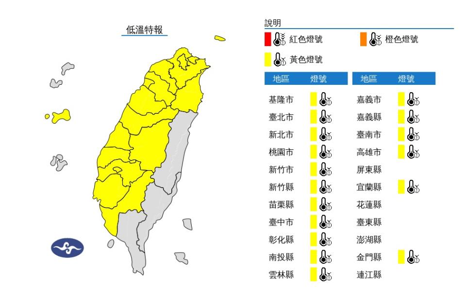 中央氣象署發布17縣市低溫特報，高雄以北、宜蘭及金門有局部10度以下氣溫發生的機率。（圖：氣象署網站）