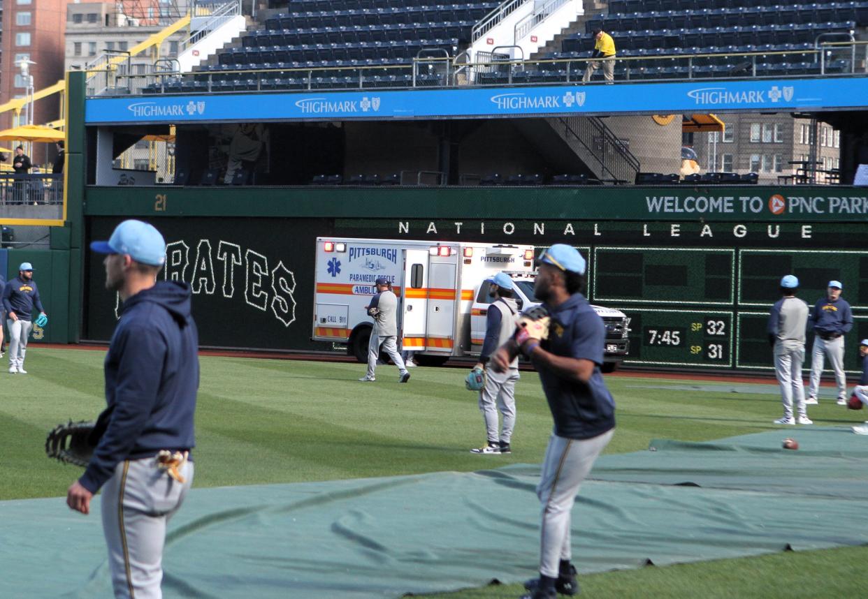 Brewers pitcher Jakob Junis is taken off the field via ambulance Monday afternoon after being struck by a fly ball during Pittsburgh Pirates' batting practice at PNC Park.