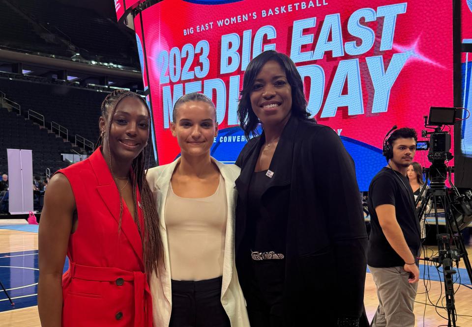 Grace Efosa, Kylee Shepard and coach Erin Batth at Big East Media Day Tuesday in New York City.