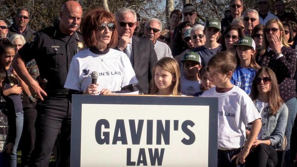 Rita Gladding, mother of Gavin Gladding, speaks while standing next to her grandchildren, Isla and Carter, during a rally to show support for Gavinâ™s Law on Friday, March 15, 2019 at Keith Tice Park in Fresno.