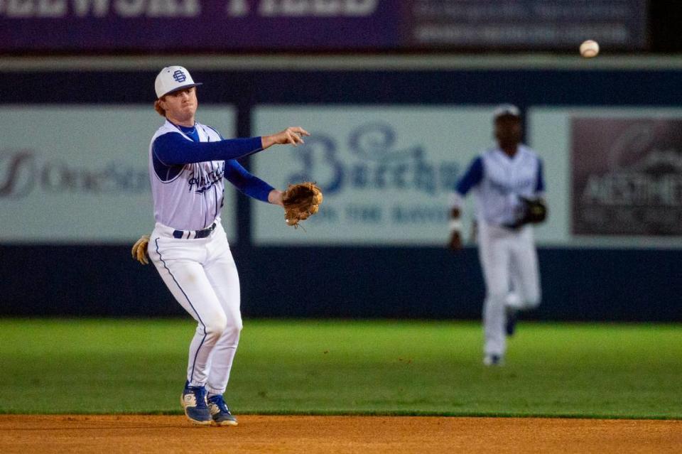 Ocean Springs’ Maddox Moreland throws a ball during a game against Jackson Prep in Ocean Springs on Monday, March 11, 2024.