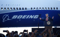 <p>President Trump speaks to the crowd during a ceremony celebrating the rollout of the Boeing 787-10 Dreamliner at the Boeing South Carolina plant in North Charleston, S.C., Feb. 17, 2017. (Photo: Randall Hill/Reuters) </p>